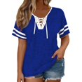 thumbnail image 1 of GZWYHT Tie Dye Wash Striped Sleeve Casual T Shirt for Women, Cross Lace Up V Neck Relaxed Loose Fit Baseball Style Short Sleeve Top, Lightweight Soft Everyday Tee Blue L, 1 of 5