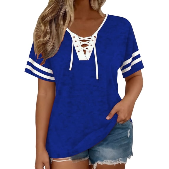 GZWYHT Tie Dye Wash Striped Sleeve Casual T Shirt for Women, Cross Lace Up V Neck Relaxed Loose Fit Baseball Style Short Sleeve Top, Lightweight Soft Everyday Tee Blue L