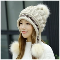 GZWYHT Trapper Hats,Winter Hats Women Fashion Keep Warm Winter Hats Knitted Wool Hemming Hat With Hair ball Beanies Hats,Hat for Cold Weather Beige