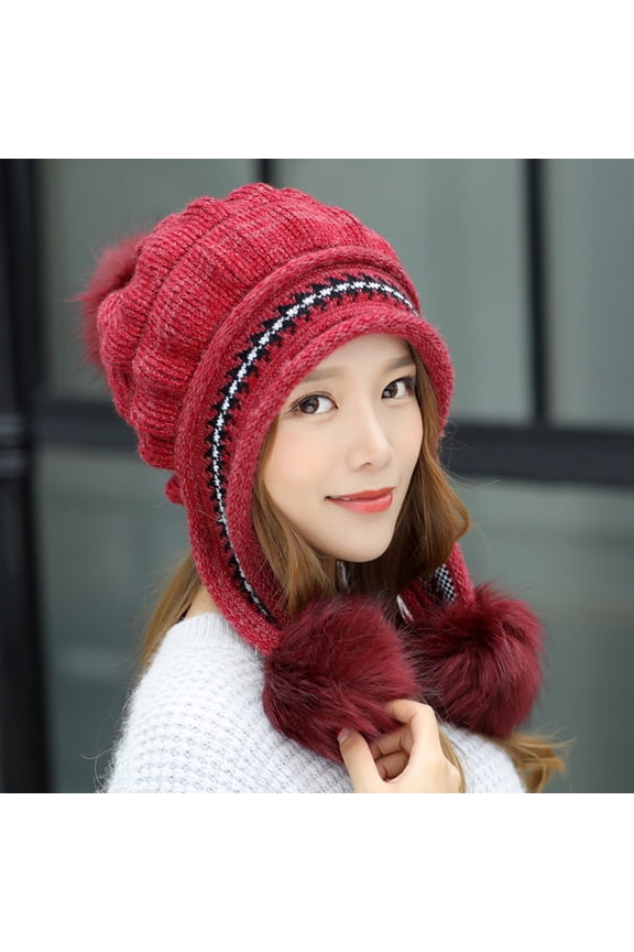 Trapper Hats,Winter Hats Women Fashion Keep Warm Winter Hats Knitted Wool Hemming Hat With Hair ball Beanies Hats,Hat for Cold Weather Red