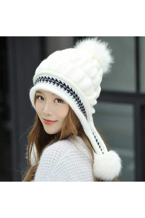 Trapper Hats,Winter Hats Women Fashion Keep Warm Winter Hats Knitted Wool Hemming Hat With Hair ball Beanies Hats,Hat for Cold Weather White