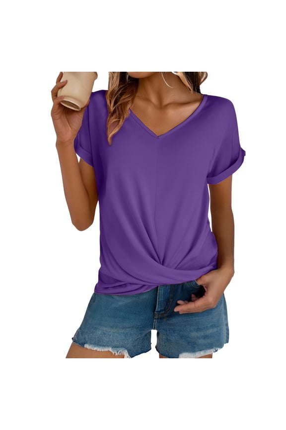 Twist Front Top，Ladies Tops and Blouses Basic Tees for Women Graphic Tees Linen Shirts Short Sleeve Shirts for Women Shirts for Women Plain Shirts Purple XL