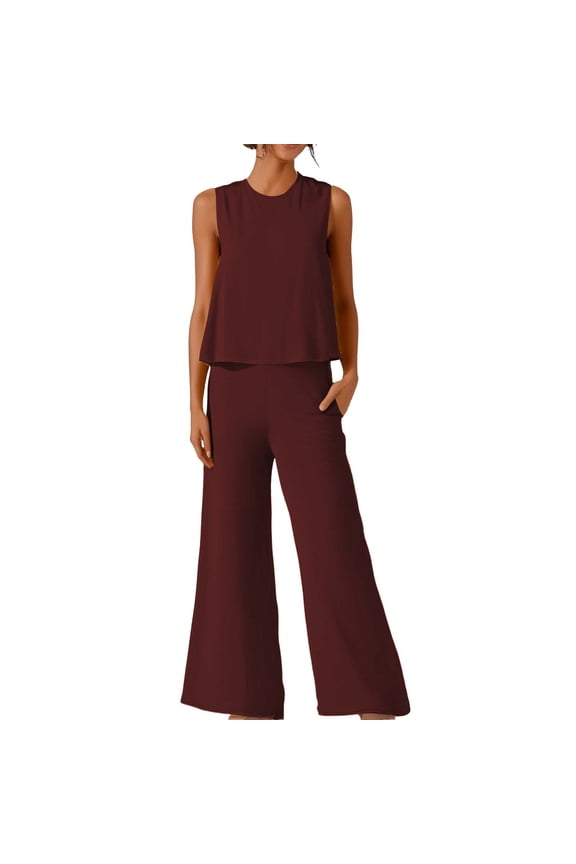 Two Piece Sets for Women Lounge Sets for Women Solid Color Elegant Two Piece Round Neck Vest And Wide Leg Pants Suit For Women Two Piece Sets for Women Summer Sets for Women Red S