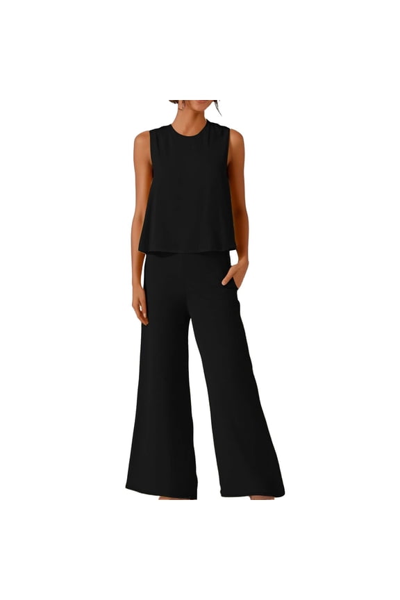 Two Piece Sets for Women Lounge Sets for Women Solid Color Elegant Two Piece Round Neck Vest And Wide Leg Pants Suit For Women Two Piece Sets for Women Summer Sets for Women Black L