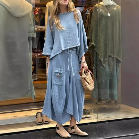 GZWYHT Two Piece Sets for Women Lounge Sets for Women Women's 2 Piece Casual Skirt Sets Long Sleeve Tops Midi Skirts Matching Outfits Two Piece Sets for Women Summer Sets for Women Blue 3XL