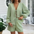 thumbnail image 1 of GZWYHT Sets for Women Lounge Sets for Women Women's 2 Piece Outfits Set Long Sleeve Tie Front Top Short Set Casual Tracksuit Pajama Sets 2 Piece Sets for Women Summer Sets for Women Green S, 1 of 9