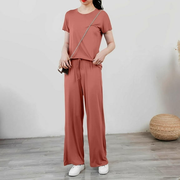 GZWYHT Two Piece Sets for Women Lounge Sets for Women Women's Spring And Summer Short Sleeved Pajamas Casual Wide Leg Pants Clothes Two Piece Sets for Women Summer Sets for Women Pink L