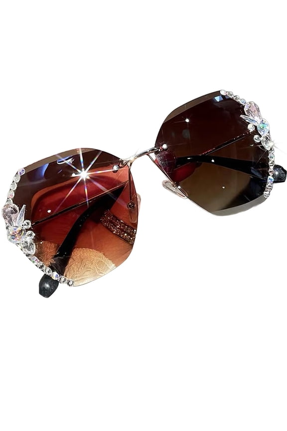 Woman Rimless Diamond Sunglasses，Polygonal Sunglasses Uv Protection Female Diamonds Party Eyewear Oversized Gradient Diamond Sunglasses New Woman Sunglasses For B