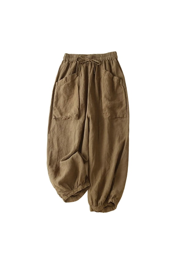 Women Cotton Linen Harem Pants，Elastic Waist Beach Trousers Baggy Trousers Beach Vacation Casual Loose Baggy Elastic Waist Wide Leg Pants Casual Loose Fit，Brown XL
