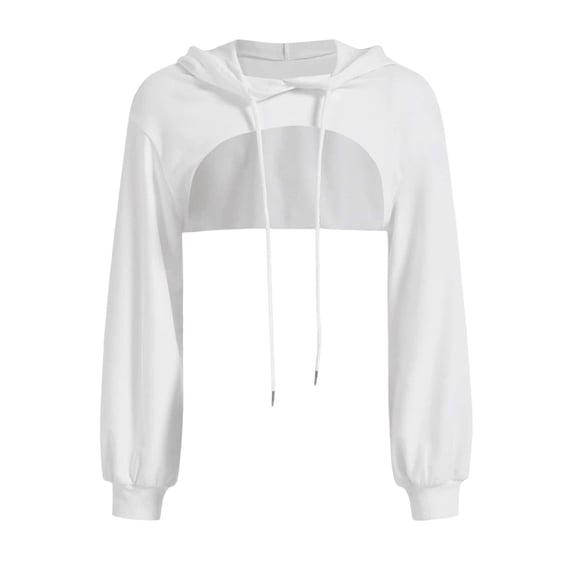 GZWYHT Women Cutout Front Cropped Hoodie Long Lantern Sleeve Oversized Super Short Pullover Shrug Sweatshirt, Soft Lightweight Layering Shrug Cover Up Top White L