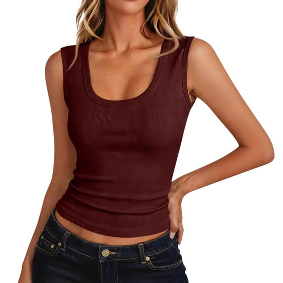 GZWYHT Women Ribbed Knit U Neck Sleeveless Tank Tops Wide Strap Fitted Basic Cami Shirts, Soft Stretch Textured Layering Vest, Casual Everyday Office Workout Beach Camisole Red L
