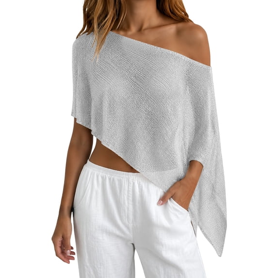 GZWYHT Women Sheer Knit Poncho Top Beach Cover Up Lightweight Crochet Shrug Summer See Through Shawl White L