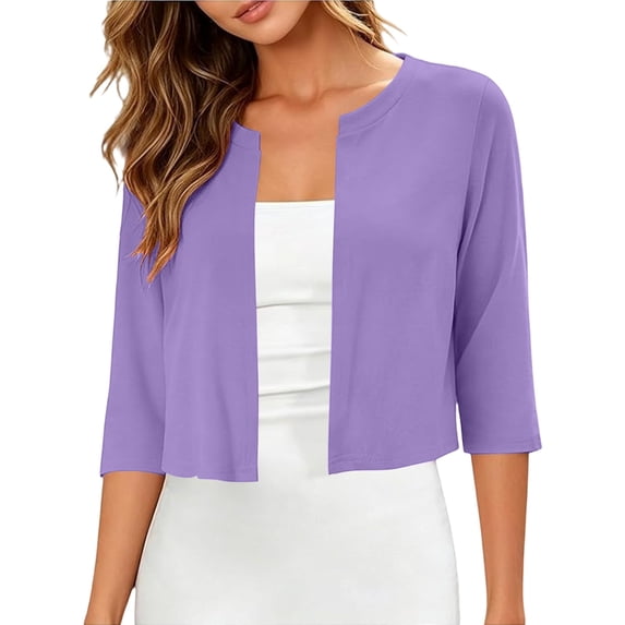 GZWYHT Women's 3/4 Sleeve Cropped Cardigan Open Front Lightweight Soft Knit Shrug Solid Color Bolero Dressy Casual Cover Up for Dresses Purple XL