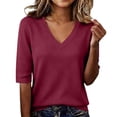 thumbnail image 1 of GZWYHT Women's Basic Ribbed Knit V Neck Elbow Sleeve T Shirts Soft Stretchy Slim Fit Casual Layering Tops for Spring Summer Fall Daily Wear Red XL, 1 of 9