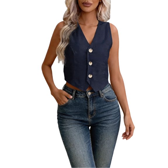 GZWYHT Women's Button Down Vest Corset Vest Fashion Casual Tops Plus Size Women's Sleeveless Vest Women's Linen Suit Vest Business Casual Blue L