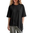 thumbnail image 1 of GZWYHT Women's Casual Crew Neck Half Sleeve T-Shirt Asymmetrical Hem Lace Patchwork Loose Fit Tops lace trim shirt Black M, 1 of 5