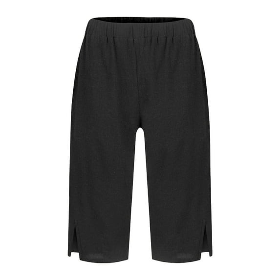 GZWYHT Women's Casual Summer Bermuda Shorts,Trendy Casual Summer Beach Outfits Summer Casual Elastic Waisted Side Split Button With Pockets Cotton Linen Shorts With Pockets,Black 4XL