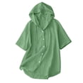 thumbnail image 1 of GZWYHT Women's Hooded Short Sleeve Button Down Shirts Loose Fit Cotton Linen Casual Blouses Lightweight Summer Tops for Daily Work Vacation Green XL, 1 of 7