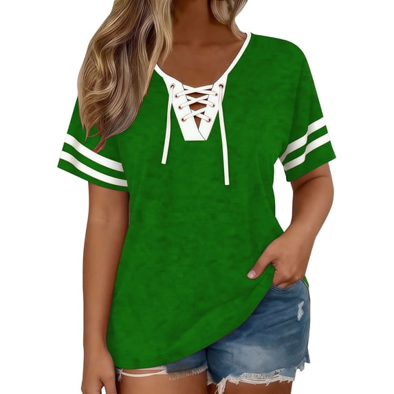 GZWYHT Women's Lace Up Front Short Sleeve Tops Striped Crew Neck Raglan Baseball Tee Shirt Plus Size Tops for Women Loose Fit Top Green M