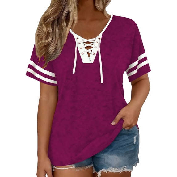 GZWYHT Women's Lace Up Front Short Sleeve Tops Striped Crew Neck Raglan Baseball Tee Shirt Plus Size Tops for Women Loose Fit Top Purple XL