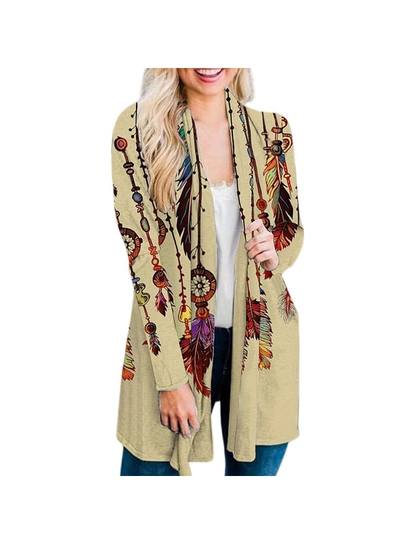 Women's Lightweight Cardigan Casual Soft Long Sleeve Floral Knit Cardigans with Pockets High Low Hem Draped Duster Beige 2XL