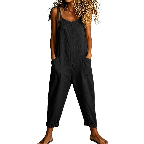 GZWYHT Women's Loose Bib Overalls Adjustable Tie Spaghetti Strap Jumpsuit Plus Size Casual Baggy Cropped Romper Black L