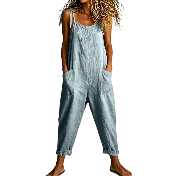 GZWYHT Women's Loose Bib Overalls Adjustable Tie Spaghetti Strap Jumpsuit Plus Size Casual Baggy Cropped Romper Blue 3XL