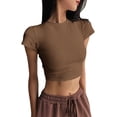 thumbnail image 1 of GZWYHT Women's Round Neck Short Sleeve Crop Tops Slim Fit Stretchy Soft Basic T Shirts Casual Summer Cropped Tees for Daily Workout Brown L, 1 of 5