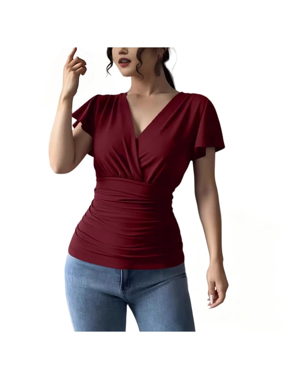 Women's Ruched Waist Wrap V Neck Tops Flutter Short Sleeve Slim Fit Figure Flattering Blouse Soft Stretchy Knit Hide Belly Solid Casual T Shirts For Summer Daily Wear Red L