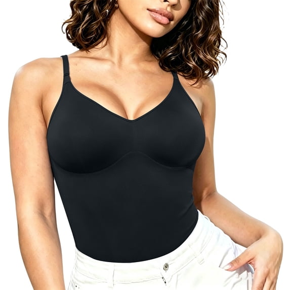 GZWYHT Women's Seamless Camisole With Built In Padded Bra Adjustable Straps V Neck Tummy Control Shapewear Tank Tops Soft Stretchy Wireless Sleeveless Shirts Black L