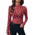 thumbnail image 1 of GZWYHT Women's Sheer Mesh Tops Polka Dot Print Long Sleeve Shirts Blouses Slim Fit T Shirts See Through Blouse Red L, 1 of 7