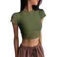 thumbnail image 1 of GZWYHT Women's Short Sleeve Crop Tops Round Neck Slim Fit Stretchy Fabric Casual Basic Cropped Tees Green M, 1 of 5