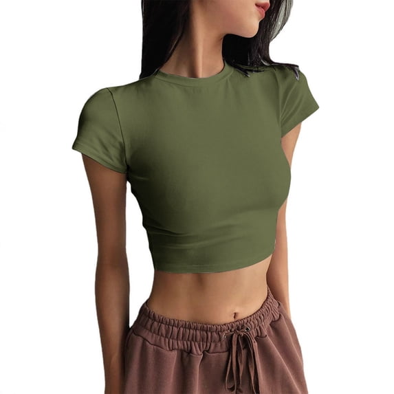 GZWYHT Women's Short Sleeve Crop Tops Round Neck Slim Fit Stretchy Fabric Casual Basic Cropped Tees Green M