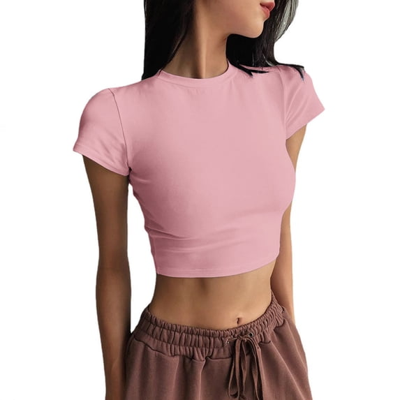 GZWYHT Women's Short Sleeve Shirts Summer Crop Tops Crewneck T Shirt Basic Tees Going Out Tops Slim Fit Clothes Pink L