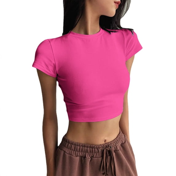 GZWYHT Women's Short Sleeve Shirts Summer Crop Tops Crewneck T Shirt Basic Tees Going Out Tops Slim Fit Clothes Pink M