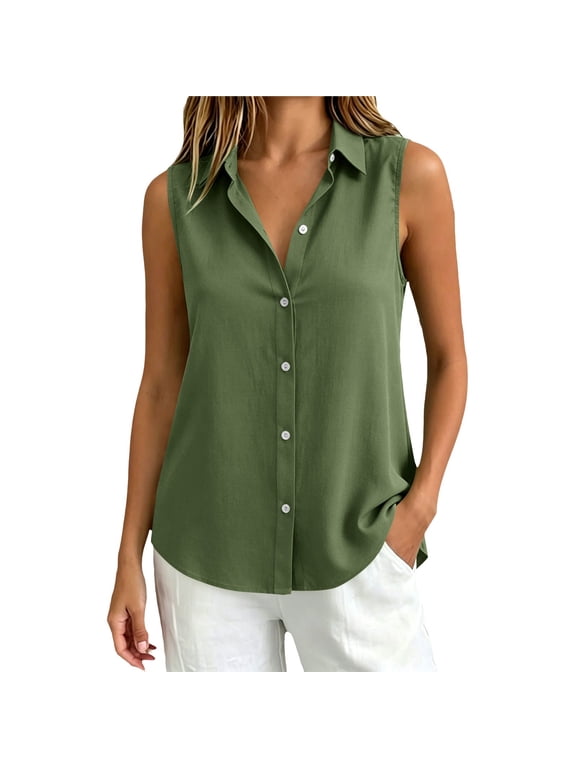 Women's Sleeveless Button Down Shirts Blouses Solid Casual Basic V Neck Tank Tops for Work Professional Business Casual Blouses For Women Green 2XL