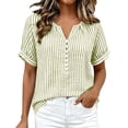 thumbnail image 1 of GZWYHT Women's V Neck Striped Short Sleeve Work Blouse Button Down Casual Loose Fit Shirt Lightweight Summer Office Top Rolled Cuff For Busines Green L, 1 of 9