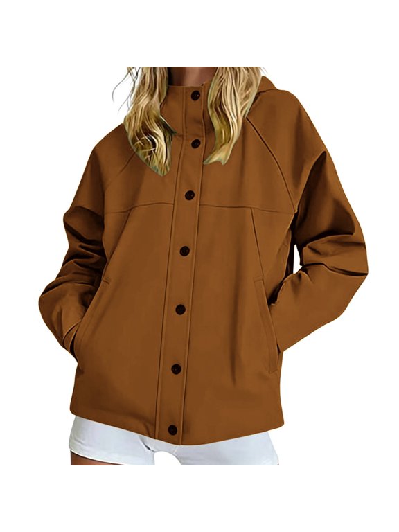 Women's Waterproof Hooded Rain Jacket Lightweight Windbreaker with Side Pockets Button Down Loose Fit Casual Outdoor Coat for Hiking Travel Brown S