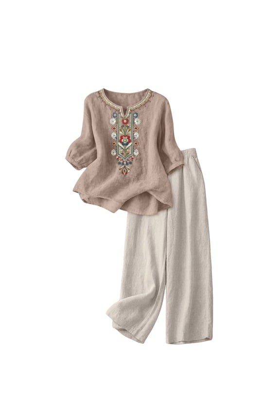 Womens 2 Piece Linen Sets,Trendy Retro Embroidered Capri Sets Women 2 Piece Outfits Cotton Set Summer Travel Outfits Linen Outfits Women 2 Piece Casual Boho Brown M