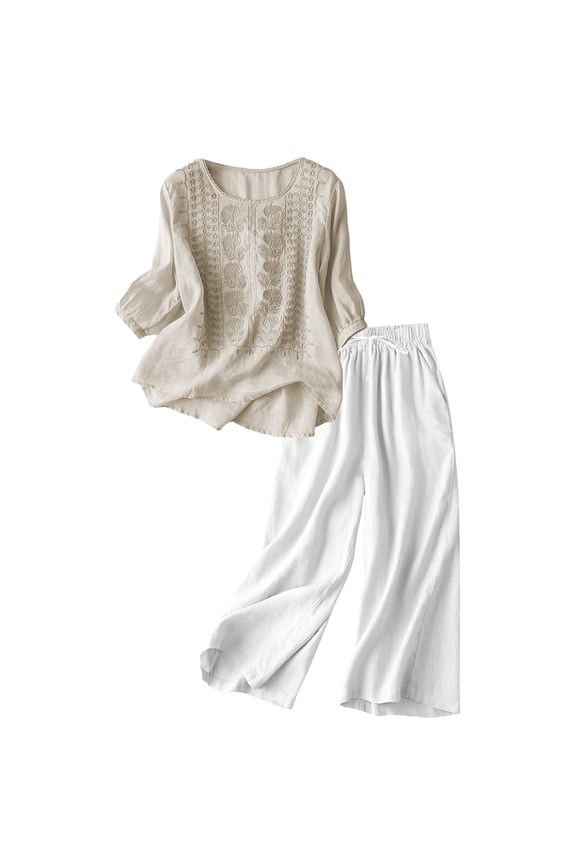 Womens 2 Piece Outfits,Sets Outfits For Seniors Beach Vacation Clothes Cotton Linen Matching Set Capri Pants Cotton Lounge Set Boho Summer Fall 3/4 Sleev,Beige L