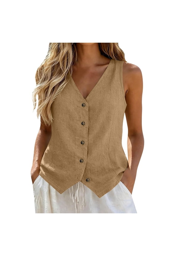 Womens Button Down Vest Womens Linen Suit Vest Business Casual Plus Size Vintage Waistcoat Button Down Lightweight Sleeveless Vest Brown 2XL