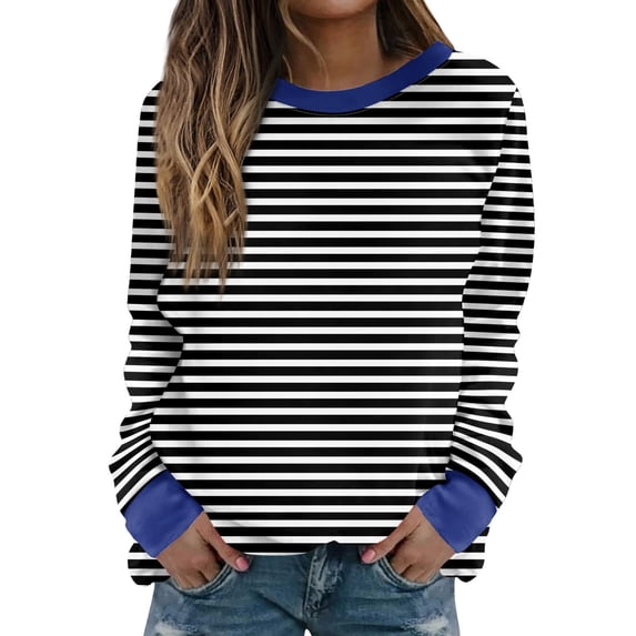 GZWYHT Womens Contrast Rib Collar Cuff Horizontal Striped Long Sleeve Loose Casual T-Shirt, Soft Stretchy Breathable Basic Fall Tee Blue L