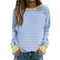 thumbnail image 1 of GZWYHT Womens Contrast Rib Collar Cuff Horizontal Striped Long Sleeve Loose Casual T-Shirt, Soft Stretchy Breathable Basic Fall Tee Blue M, 1 of 5
