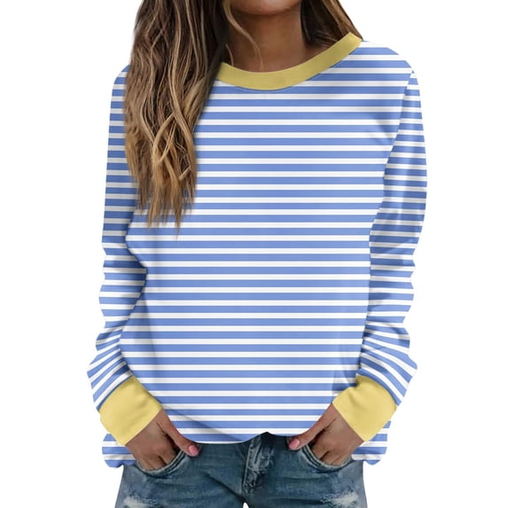 GZWYHT Womens Contrast Rib Collar Cuff Horizontal Striped Long Sleeve Loose Casual T-Shirt, Soft Stretchy Breathable Basic Fall Tee Blue M