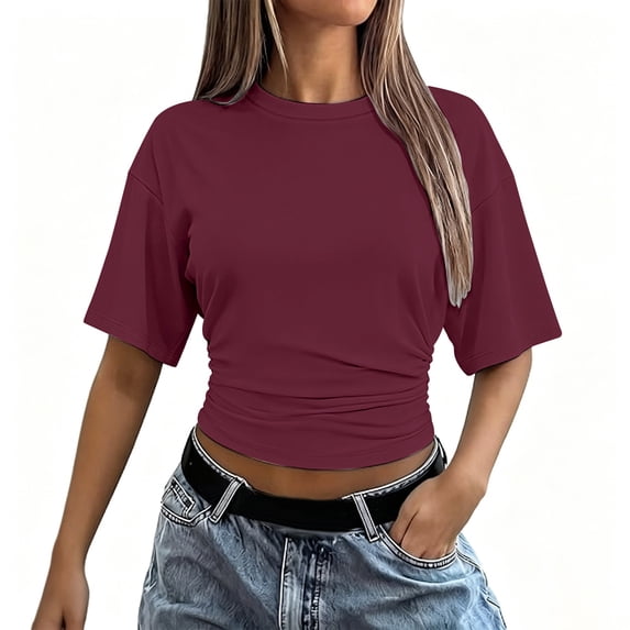 GZWYHT Womens Crewneck Short Sleeve Cinched Waist Ruched Tops Casual Slim Fitted Basic Shirts Workout Summer Clothes Red S