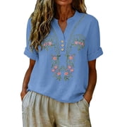 GZWYHT Womens Embroidered Tops Gauze Tunic Tops Shirts For Women Trendy Lightweight Linen Blouses For Women Linen Shirts For Women Womens Linen Tops Spring Tops Blue 3XL
