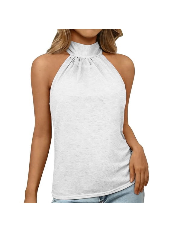 Halter Top High Neck Sleeveless Tshirt Beach Vacation Loose Fit Shirt Womens Fashion Summer Tops Dressy Casual White M