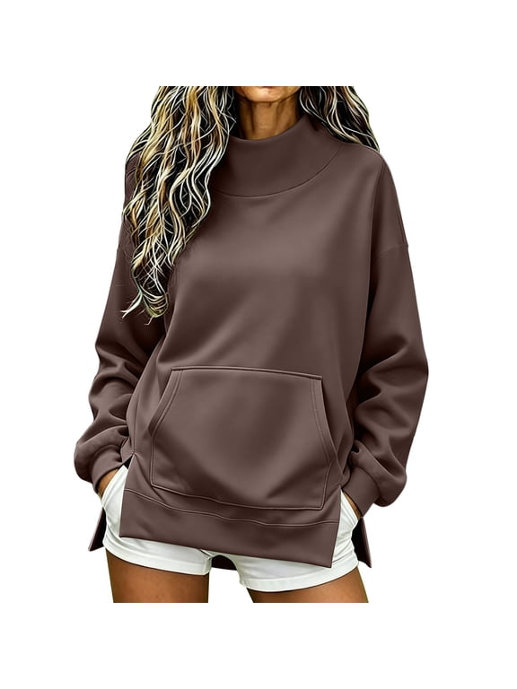 Womens Mock Neck Sweatshirt Clothes for Women Plus Size Mock Neck Sweatshirt Fall Clothes Cute Clothes Womens Sweatshirt Hiking Clothes Plain Mock Neck Sweatshirt Brown 3XL