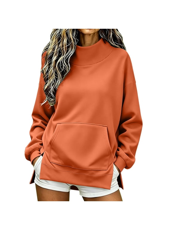 Womens Mock Neck Sweatshirt Turtleneck Tops Button Up Sweaters Fall Sweatshirts for Women Loose Fit Tops Pullover Sweaters for Women Long Sleeve Sweatshirt Womens Sweatshirt Orange XL