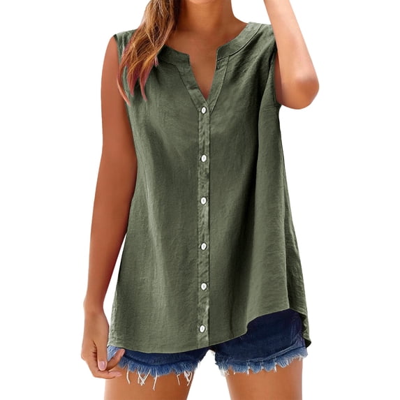 GZWYHT Womens Sleeveless Button Down Shirt,Cotton Linen Collared Tank Tops Business Casual Summer Tshirt Work Shirts Casual Solid V Neck Classic Collared Tank Top